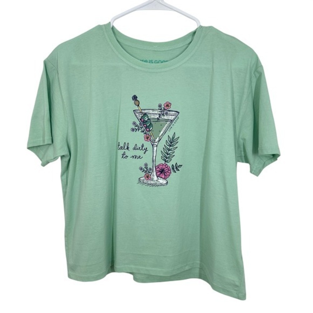 Life is Good Floral Martini Talk Dirty To Me Graphic T Shirt Light Green Medium